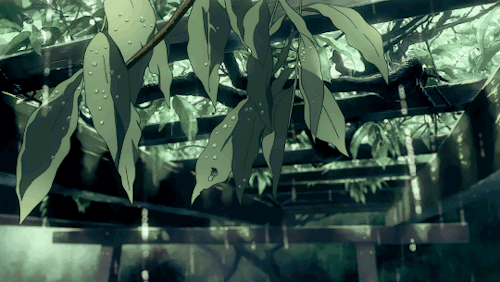 나뭇잎사이로 빗방울이 떨어지는장면