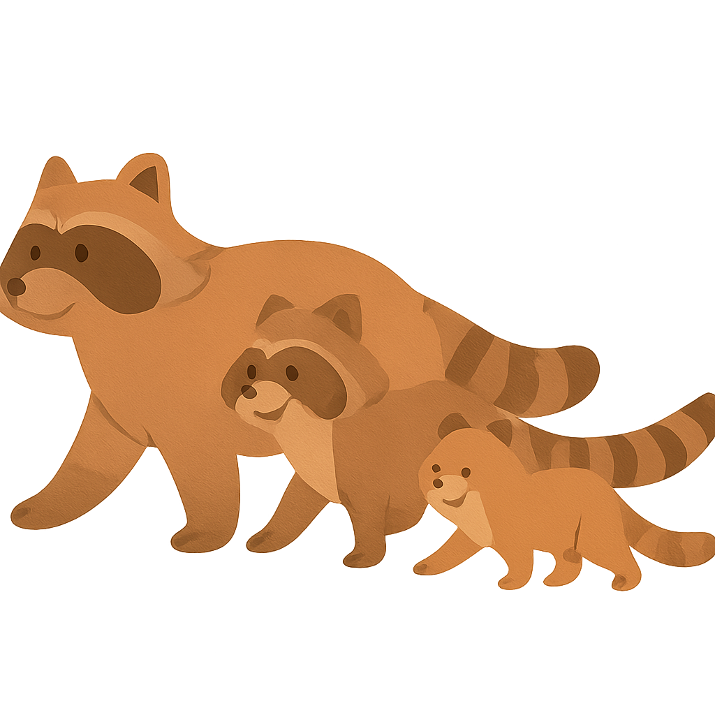 너구리가 가족과함께 걷는모습