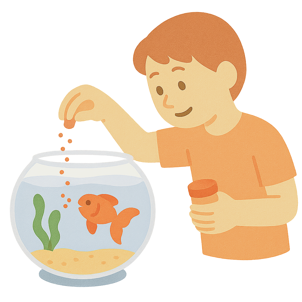 금붕어 어항에 먹이주기