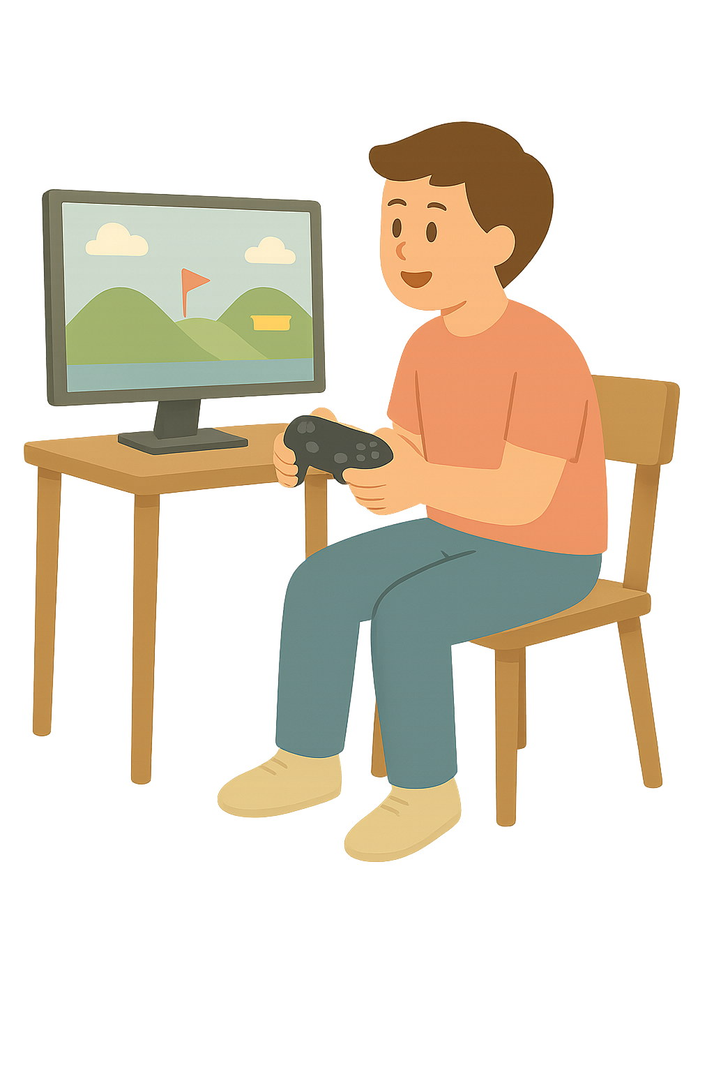 모니터로 비디오게임하는 장면