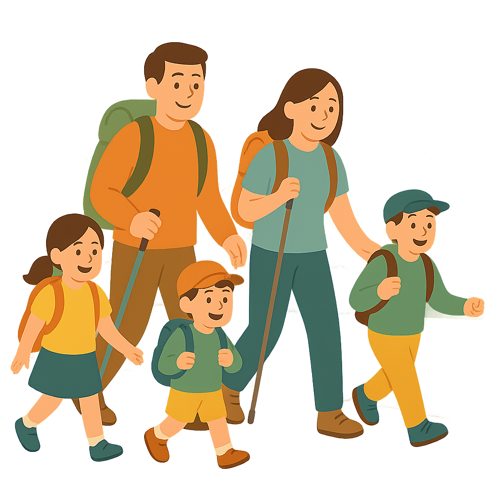 가족이 산으로 하이킹하는 모습