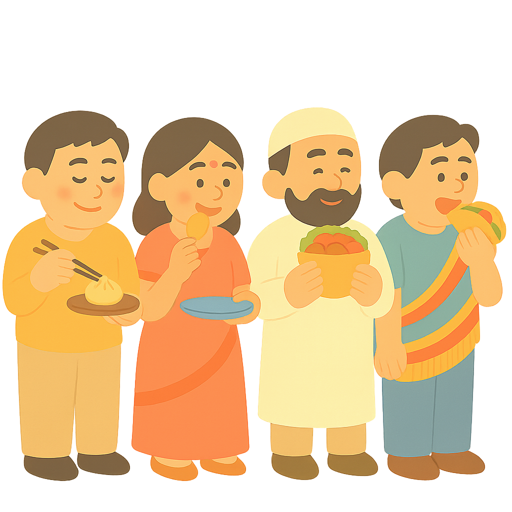 각국 전통 음식을 맛보는 참가자