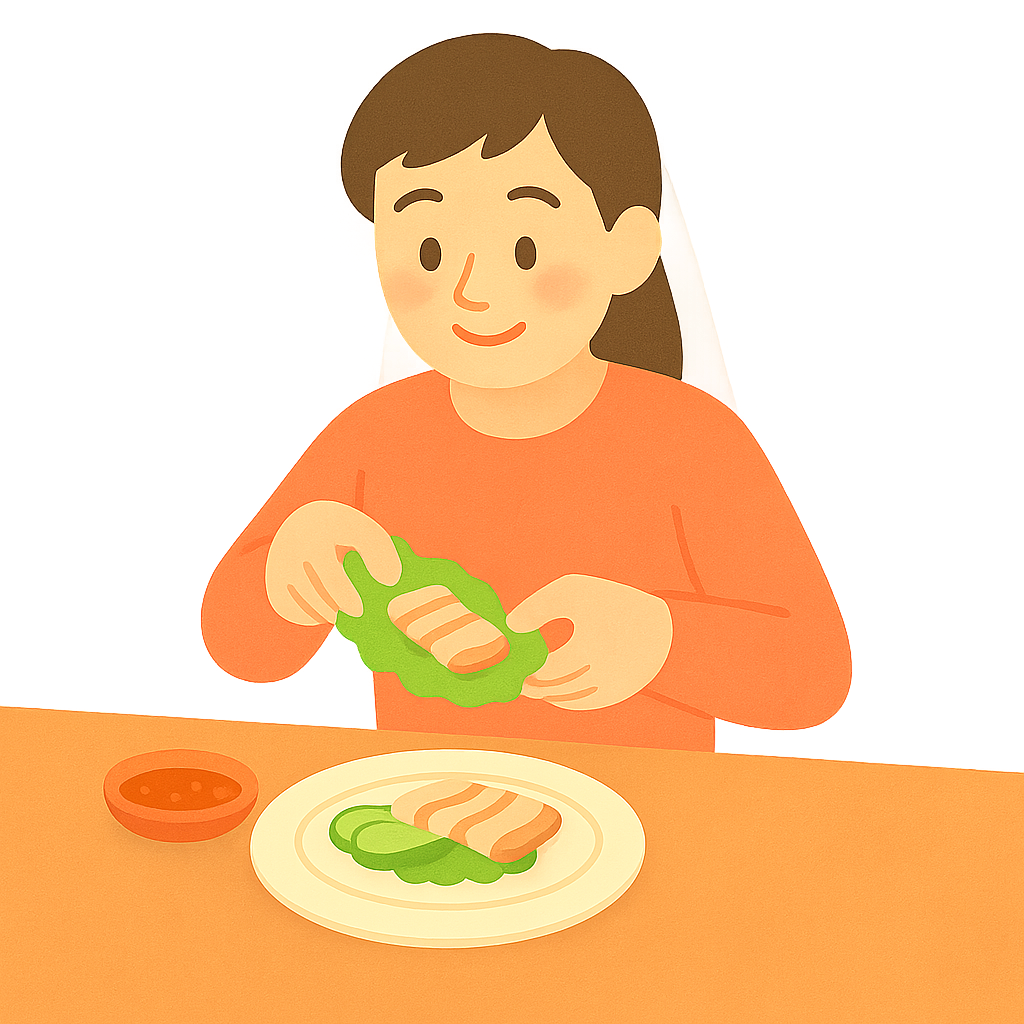 삼겹살을 쌈에싸는 장면