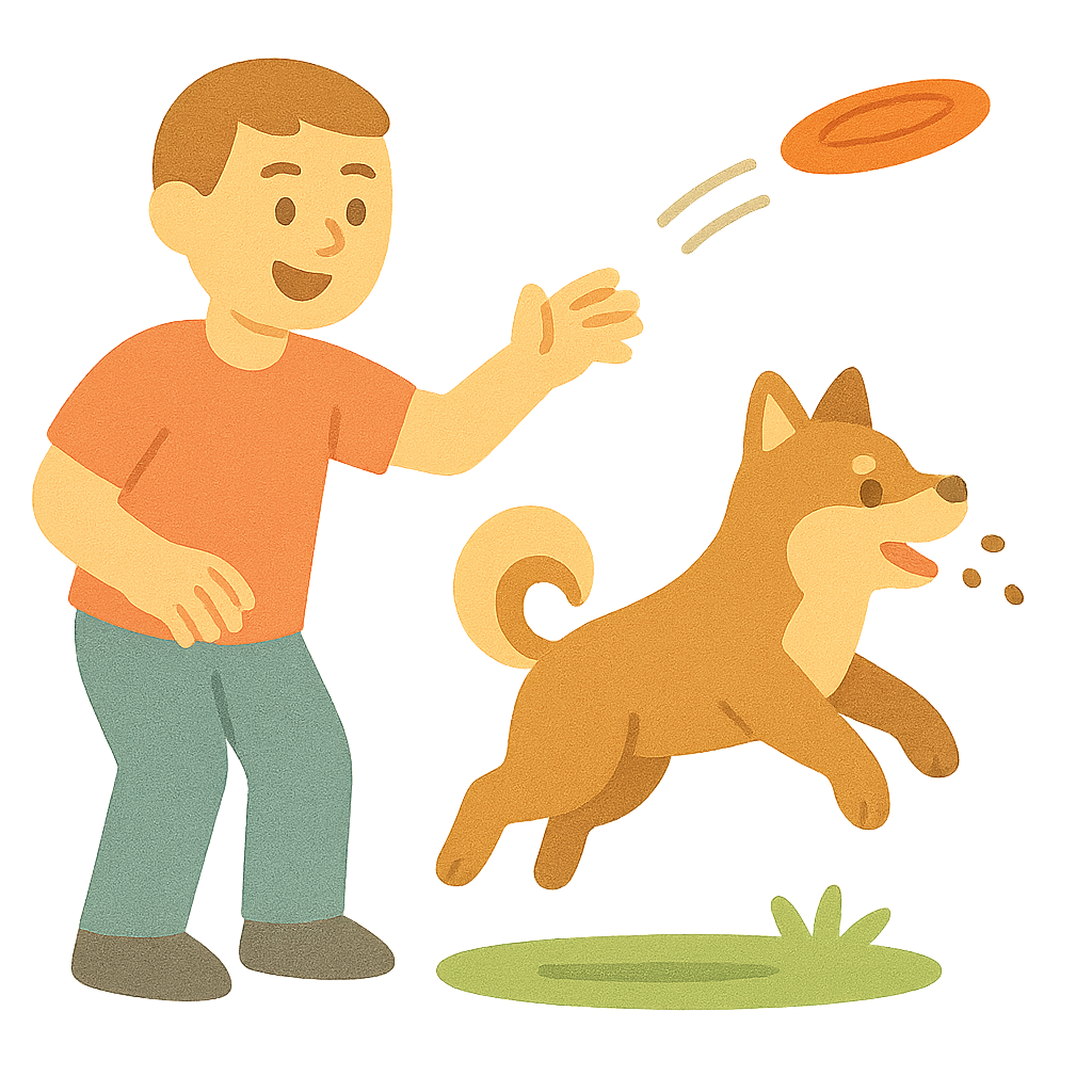 강아지에게 프리스비던지기