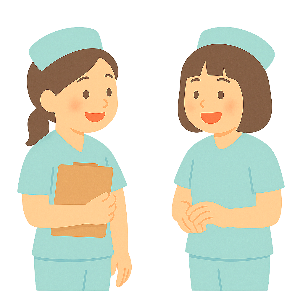 동료와 회의하며 웃는 간호사