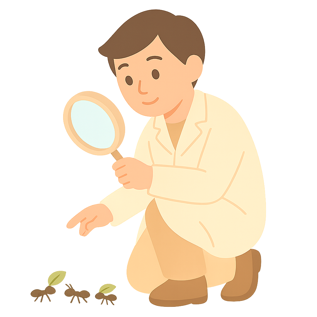 돋보기로 개미를 보는 과학자