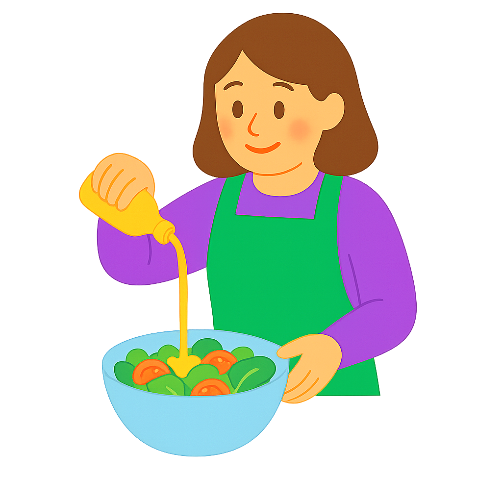 샐러드에 드레싱뿌리는 장면