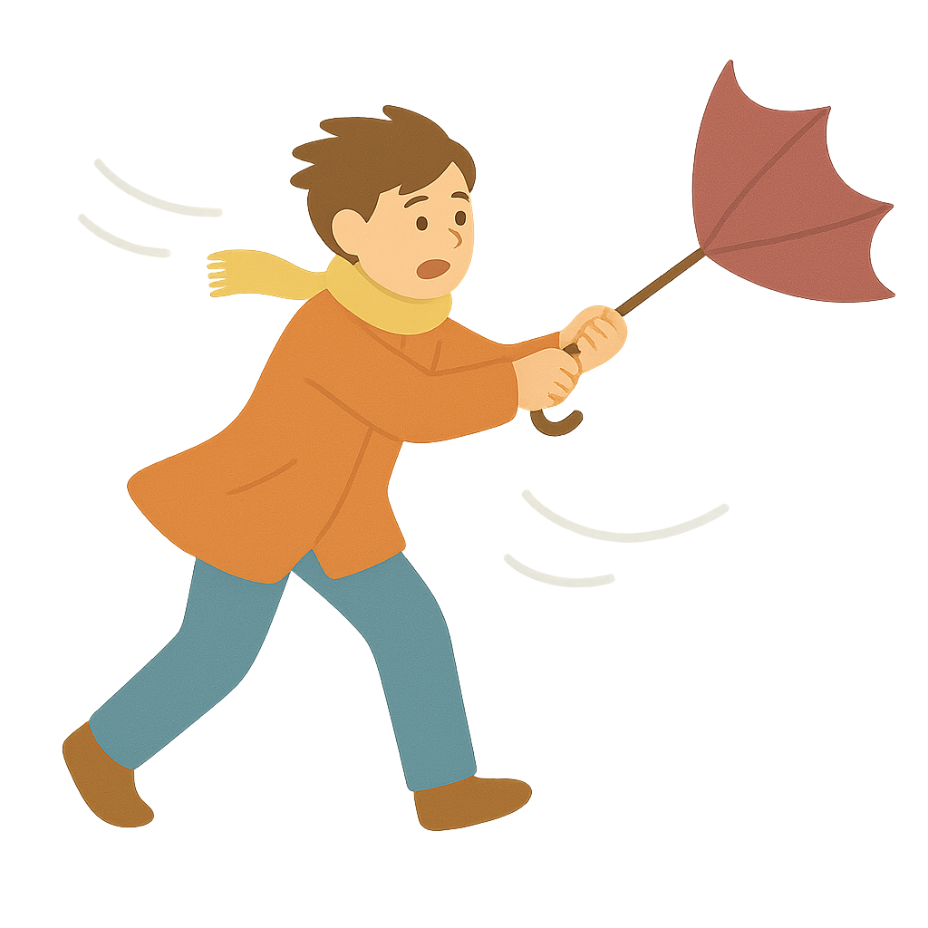 뒤집힌 우산을 붙잡는모습