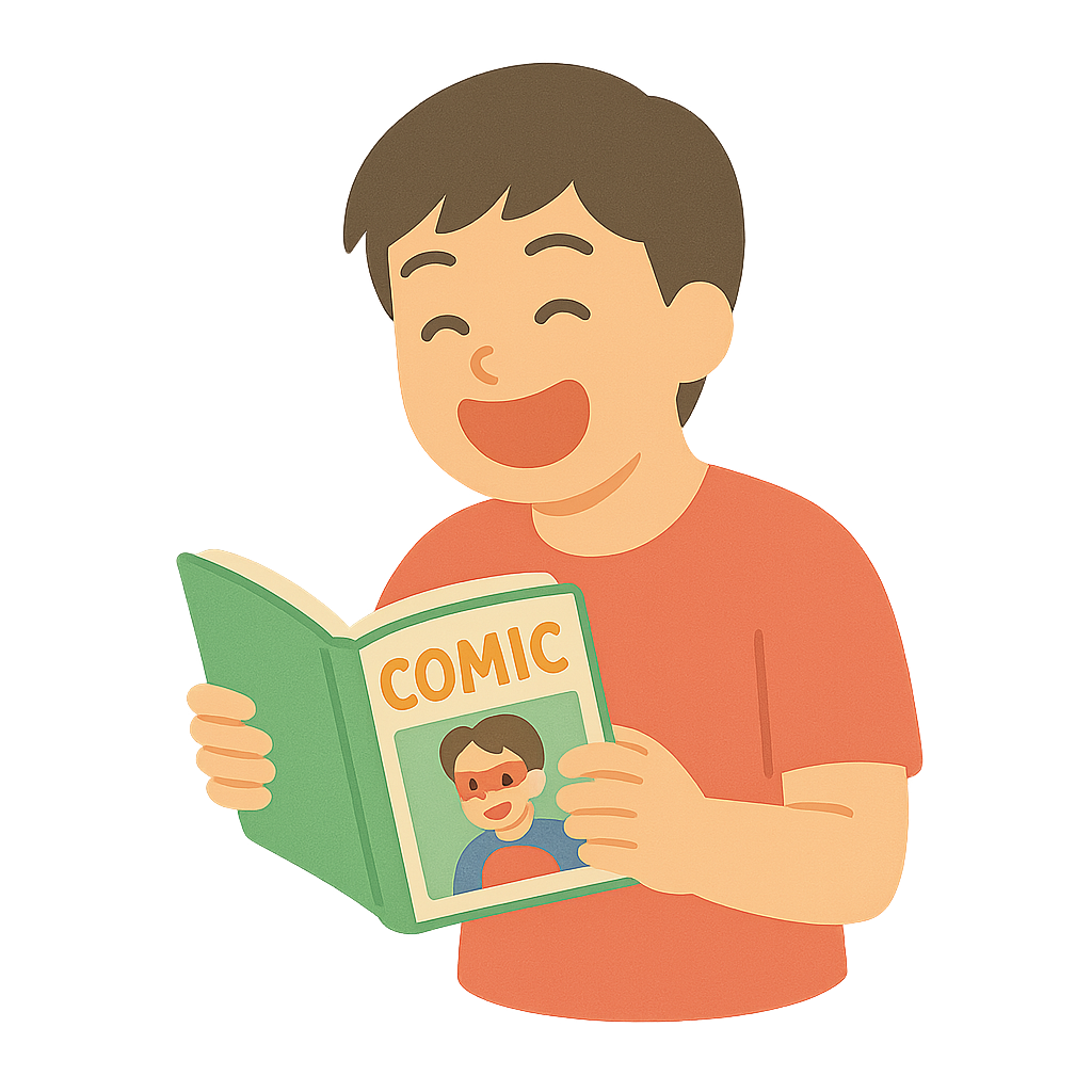 만화책을 보며 웃는 모습