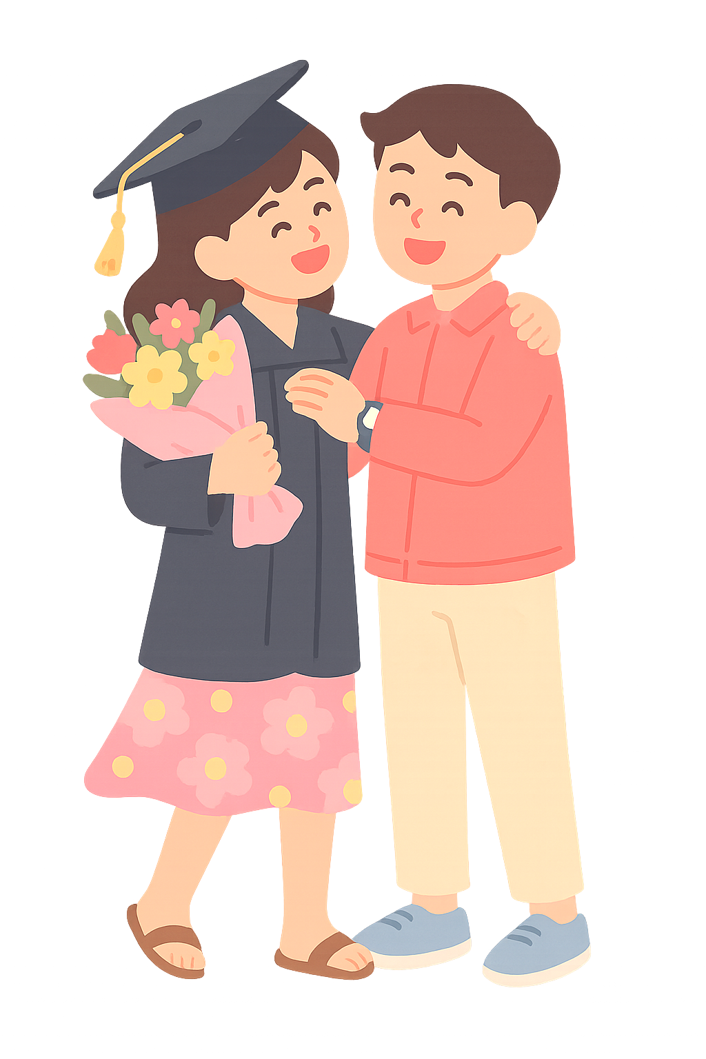 꽃다발들고 친구와 포옹하는모습