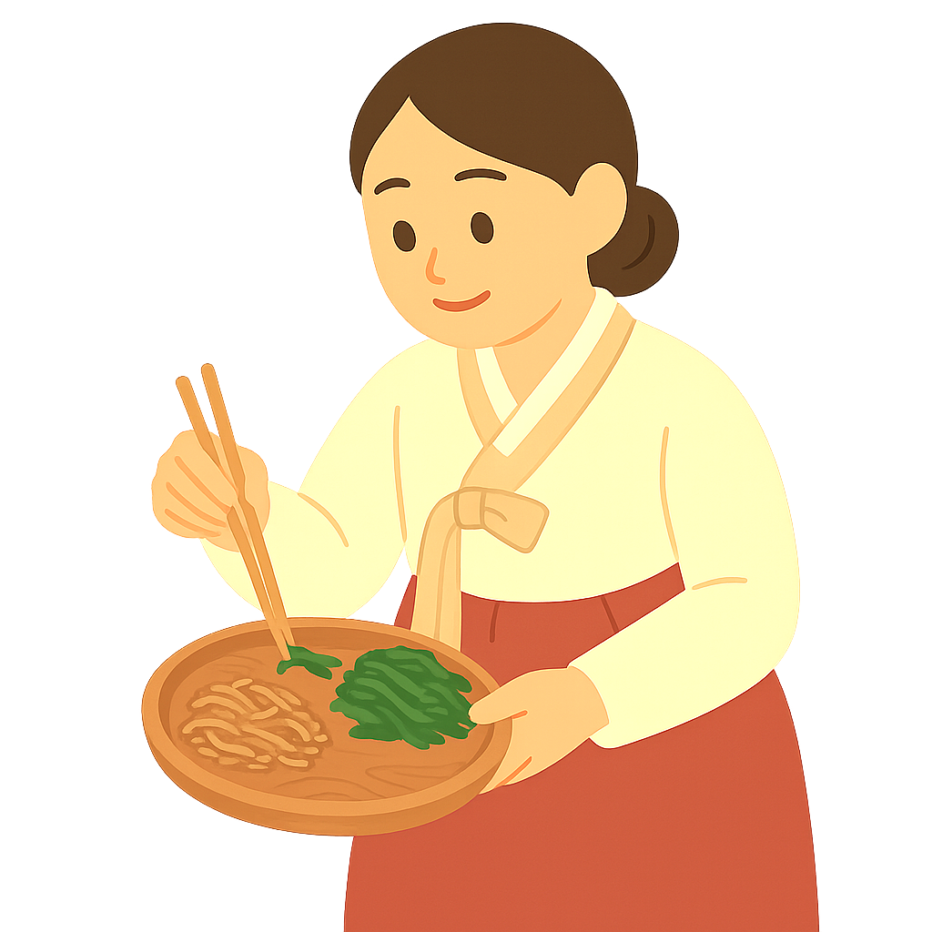 반찬을 나무접시에 담는 모습