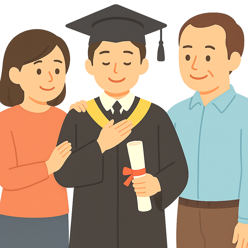 졸업장들고 부모와 함꼐 사진찍는모습