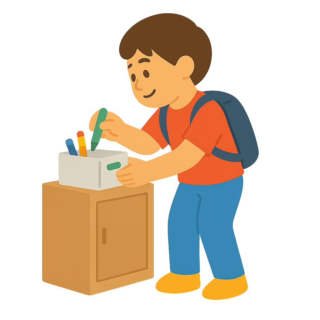 문구류를 정리하는 학생