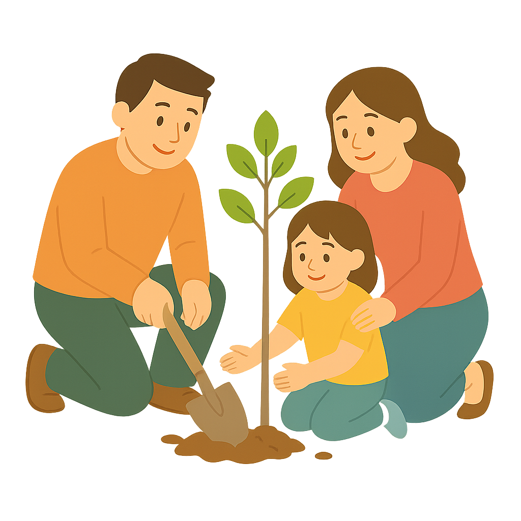 가족이 함께 나무심는 모습