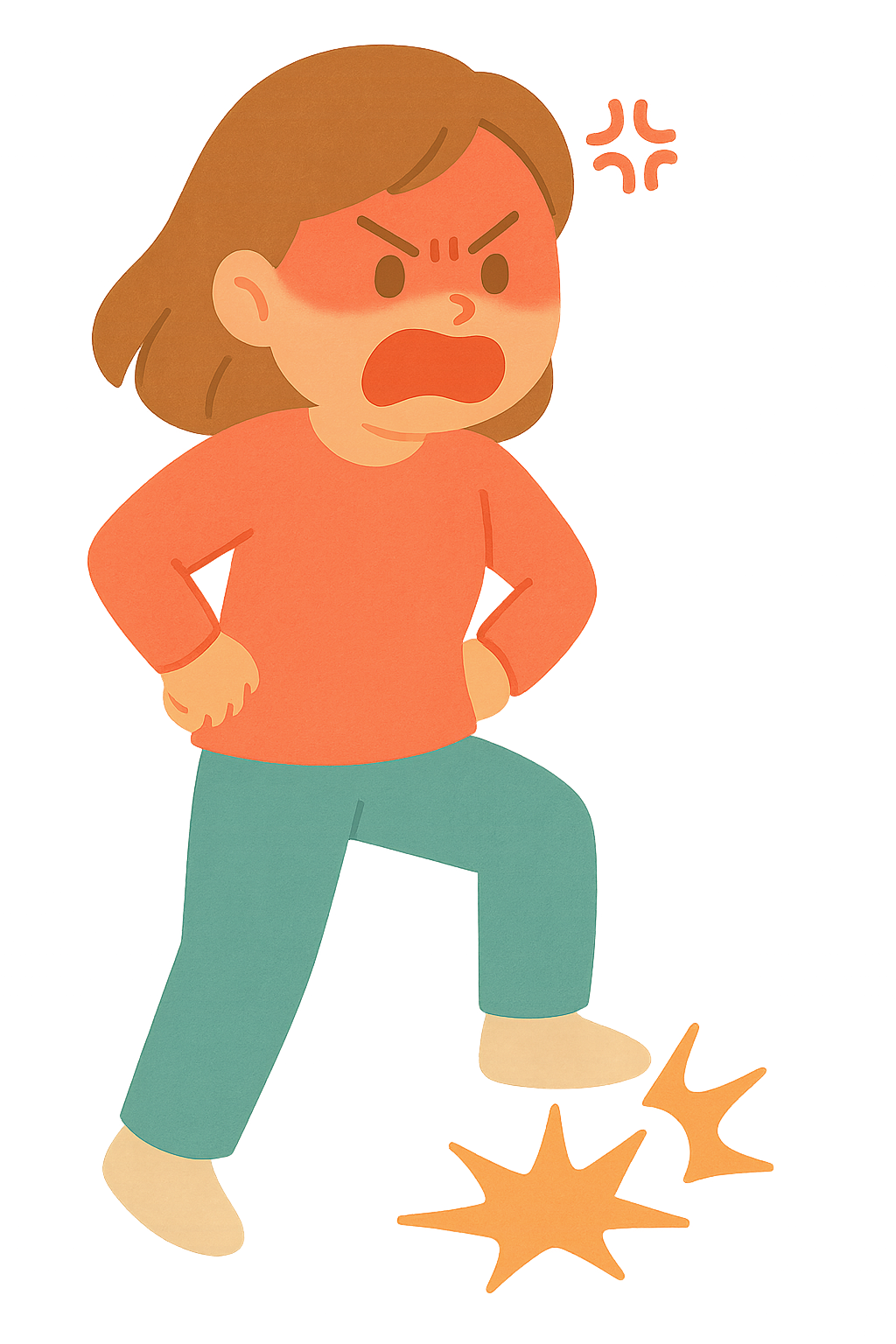 화난 얼굴로 발을 구르는 모습