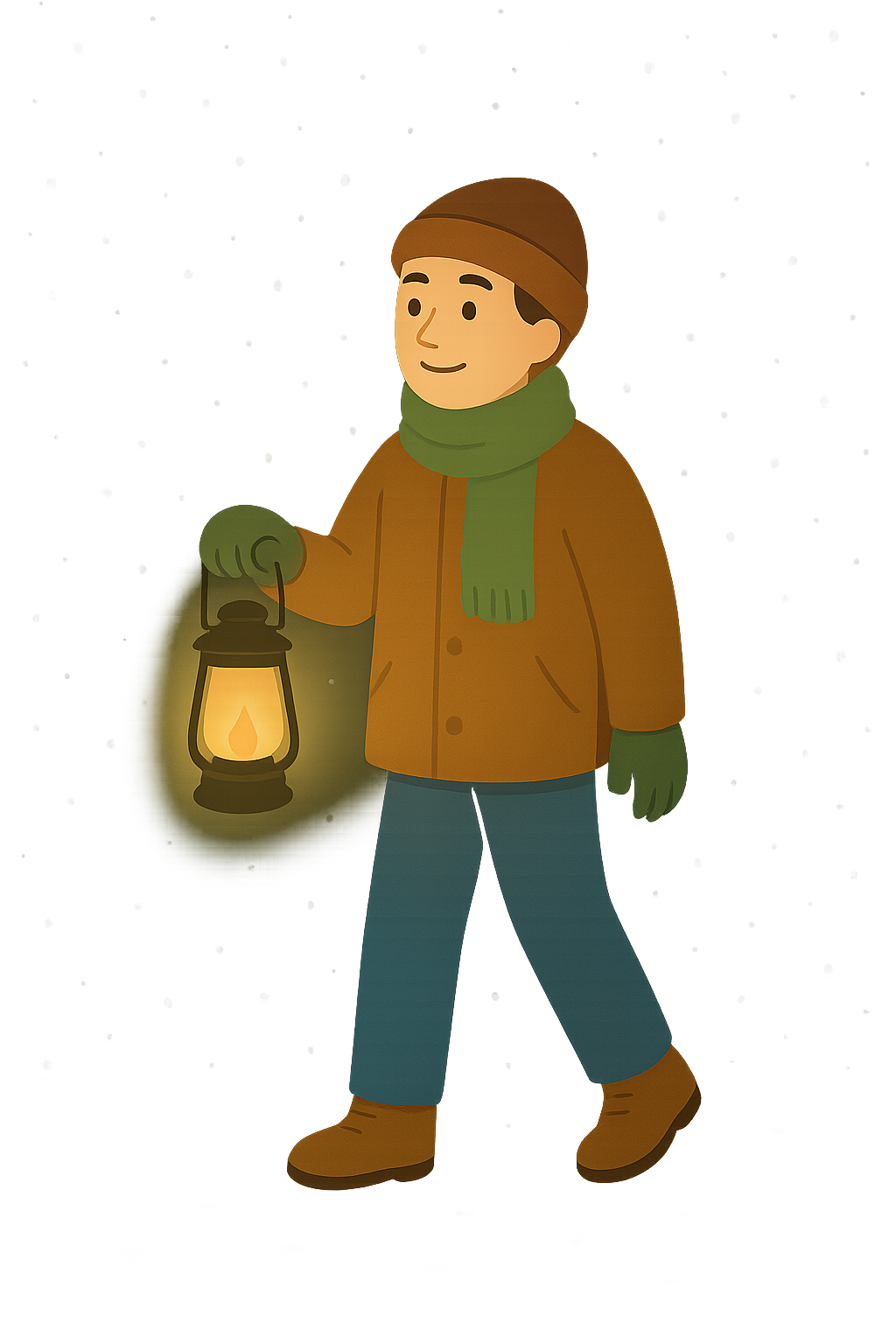 눈내리는 밤에 랜턴을 든모습