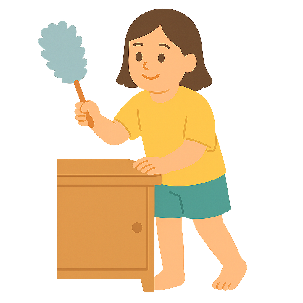 먼지털이개로 청소하는 아이