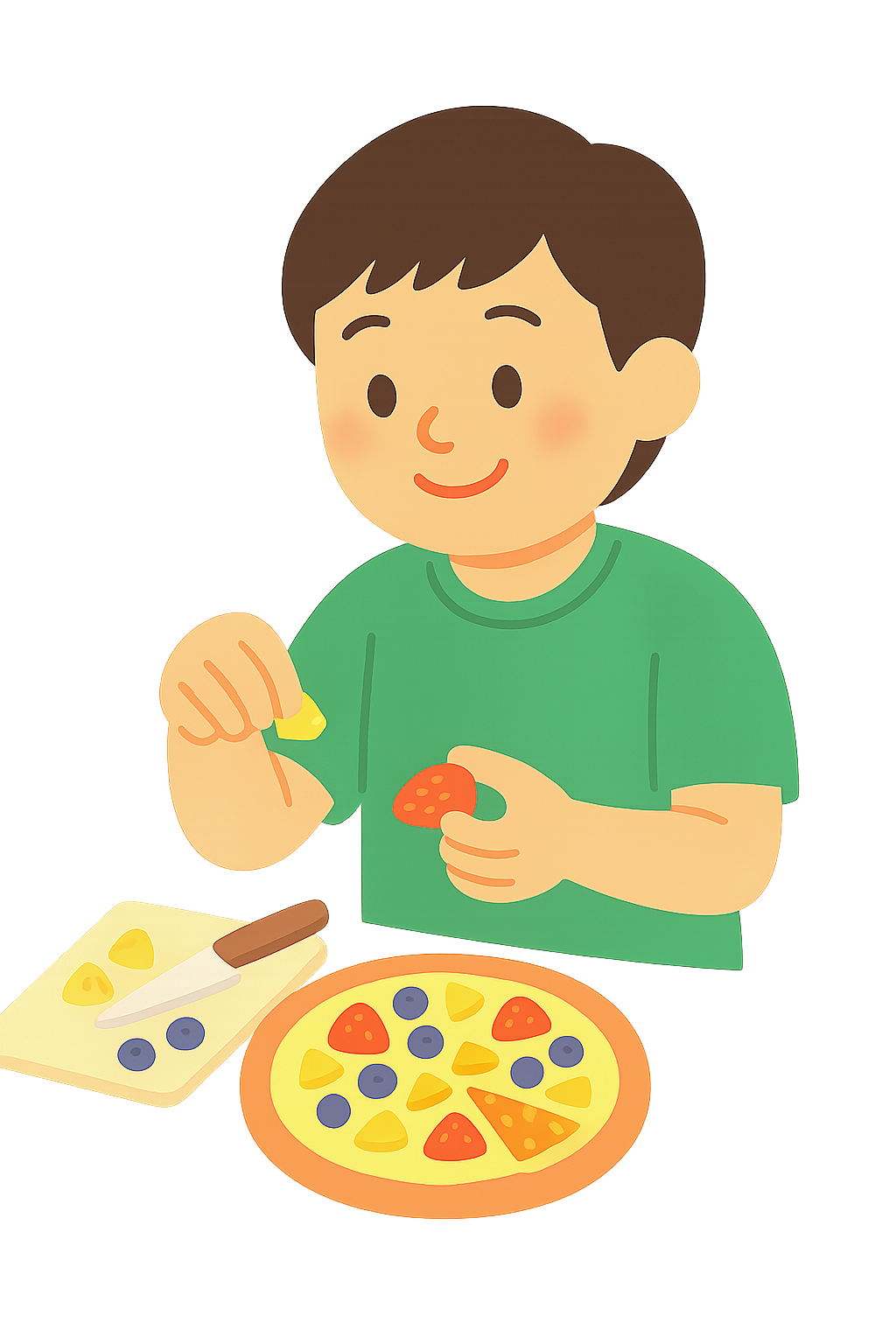 과일을 잘게 썰어 피자만드는 아이