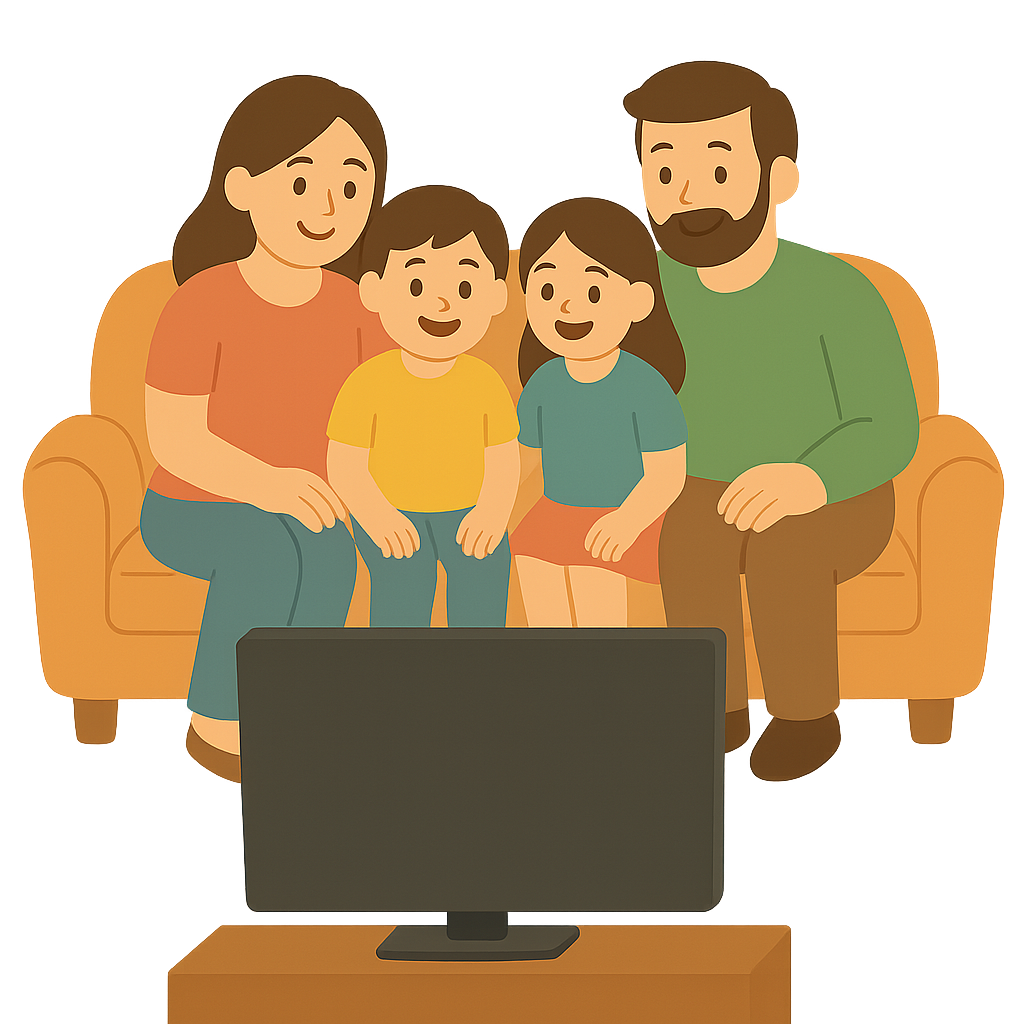 가족이 쇼파에앉아 TV보는 모습