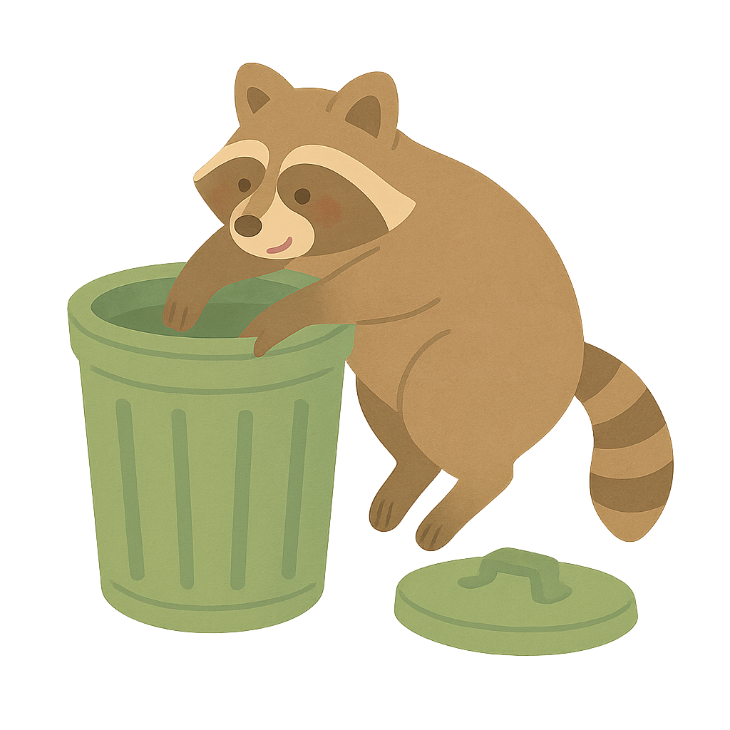 라쿤이 쓰레기통을 뒤지는 모습