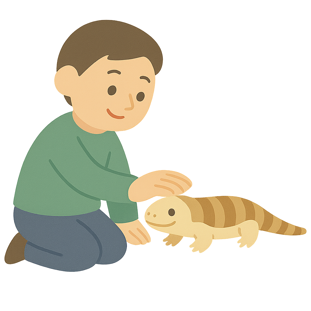 스킨크 도마뱀을 손으로 쓰다듬기