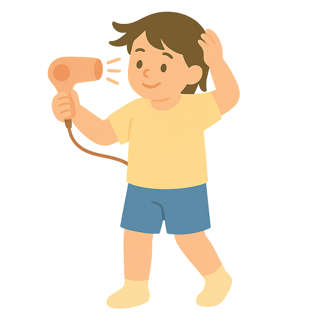 드라이기에 머리말리는 모습