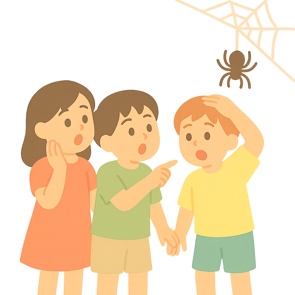 거미를 보고 놀라는 아이들