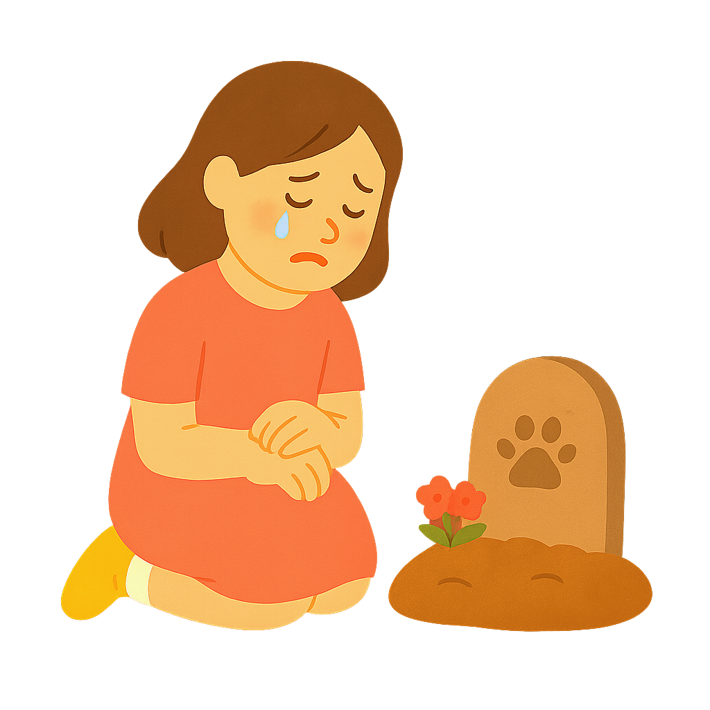 반려동물 무덤앞에서 우는아이