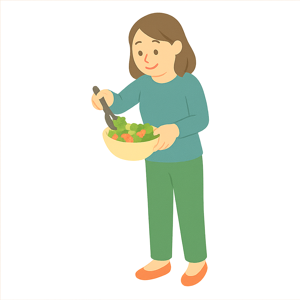 샐러드를 그릇에 담는장면