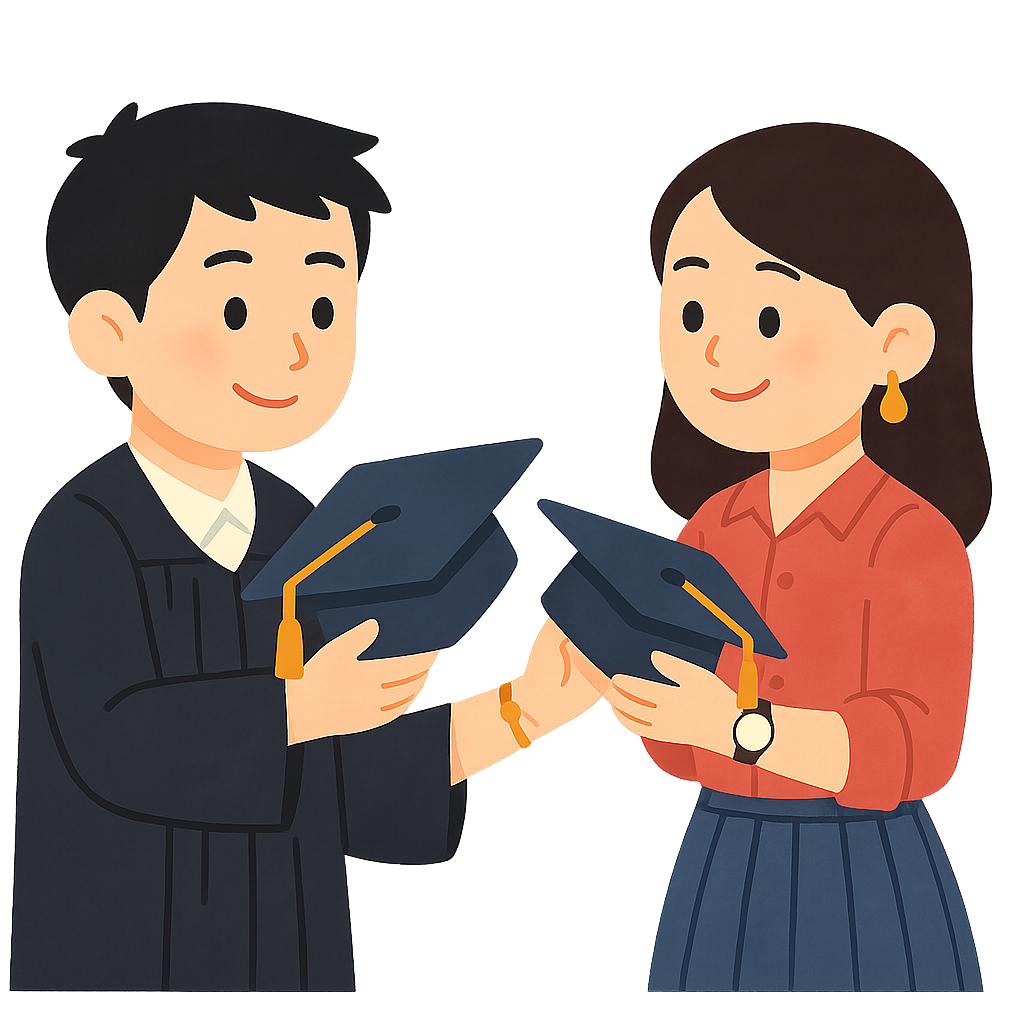 졸업가운입고 친구와 학사모교환