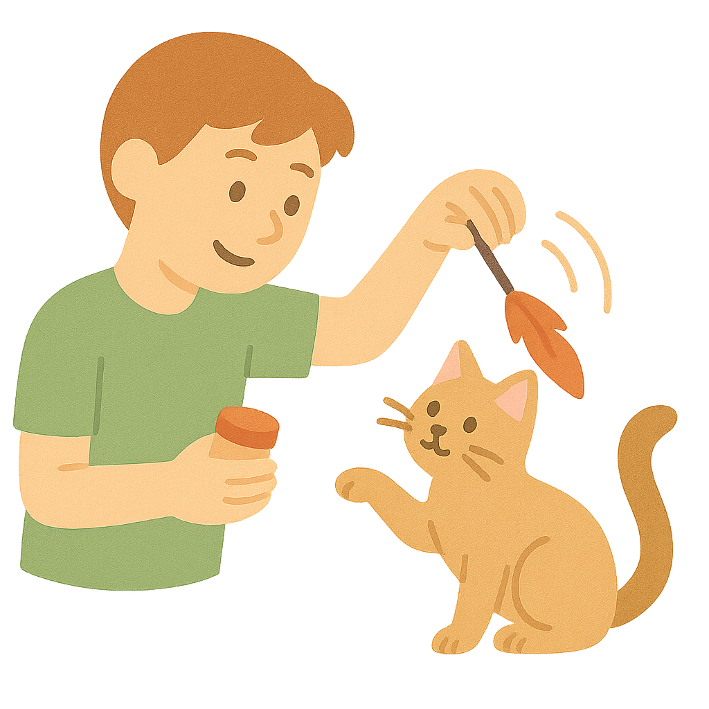 고양이에게 깃털장난감 흔들기