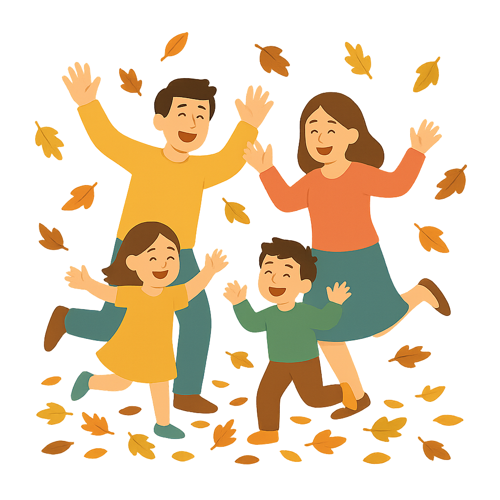 낙엽속에서 즐거워하는 가족