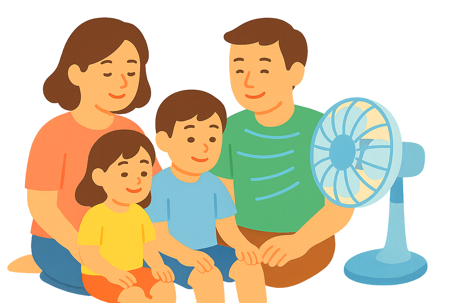 선풍기 앞에서 쉬고있는 가족