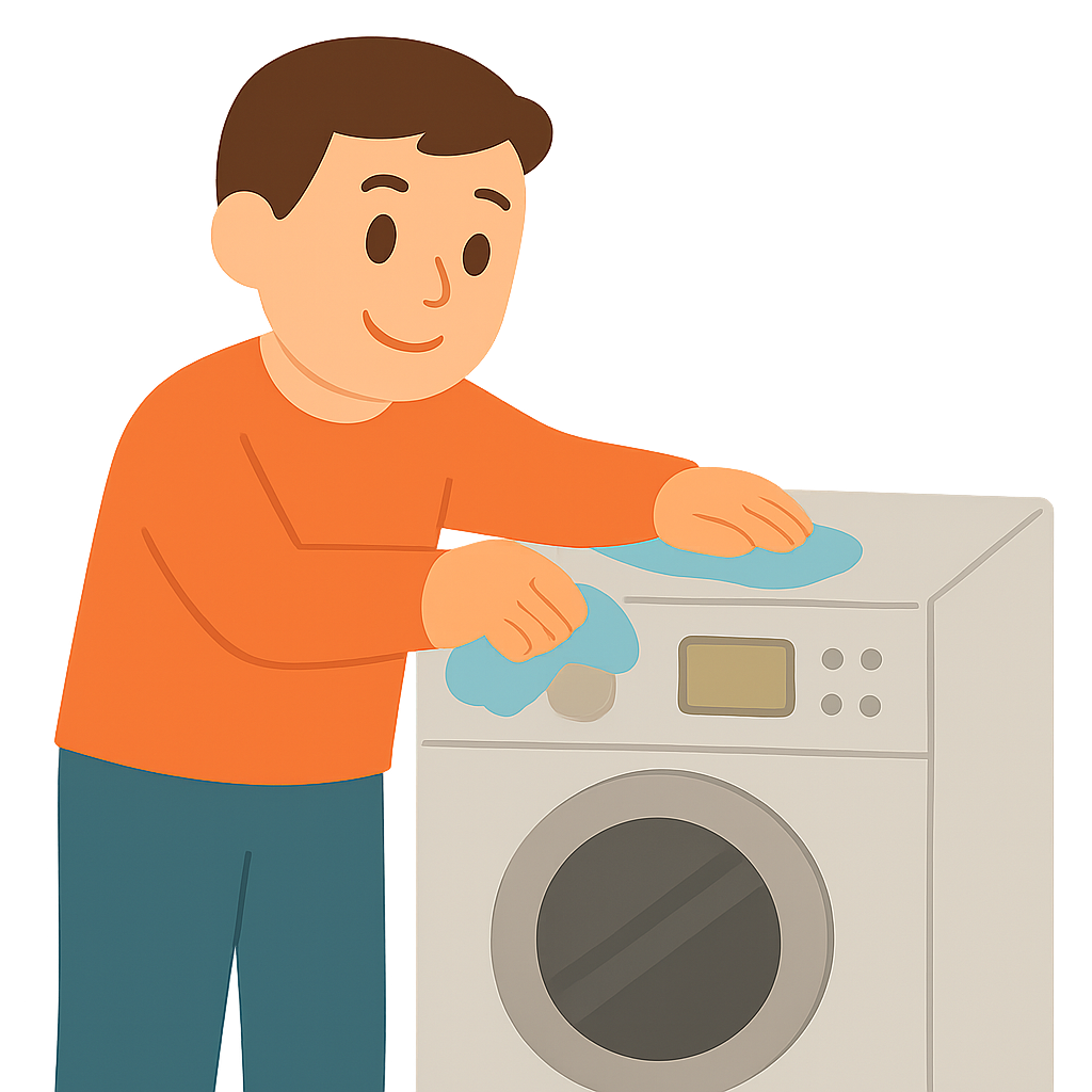 세탁기위에 먼지를 닦는남성