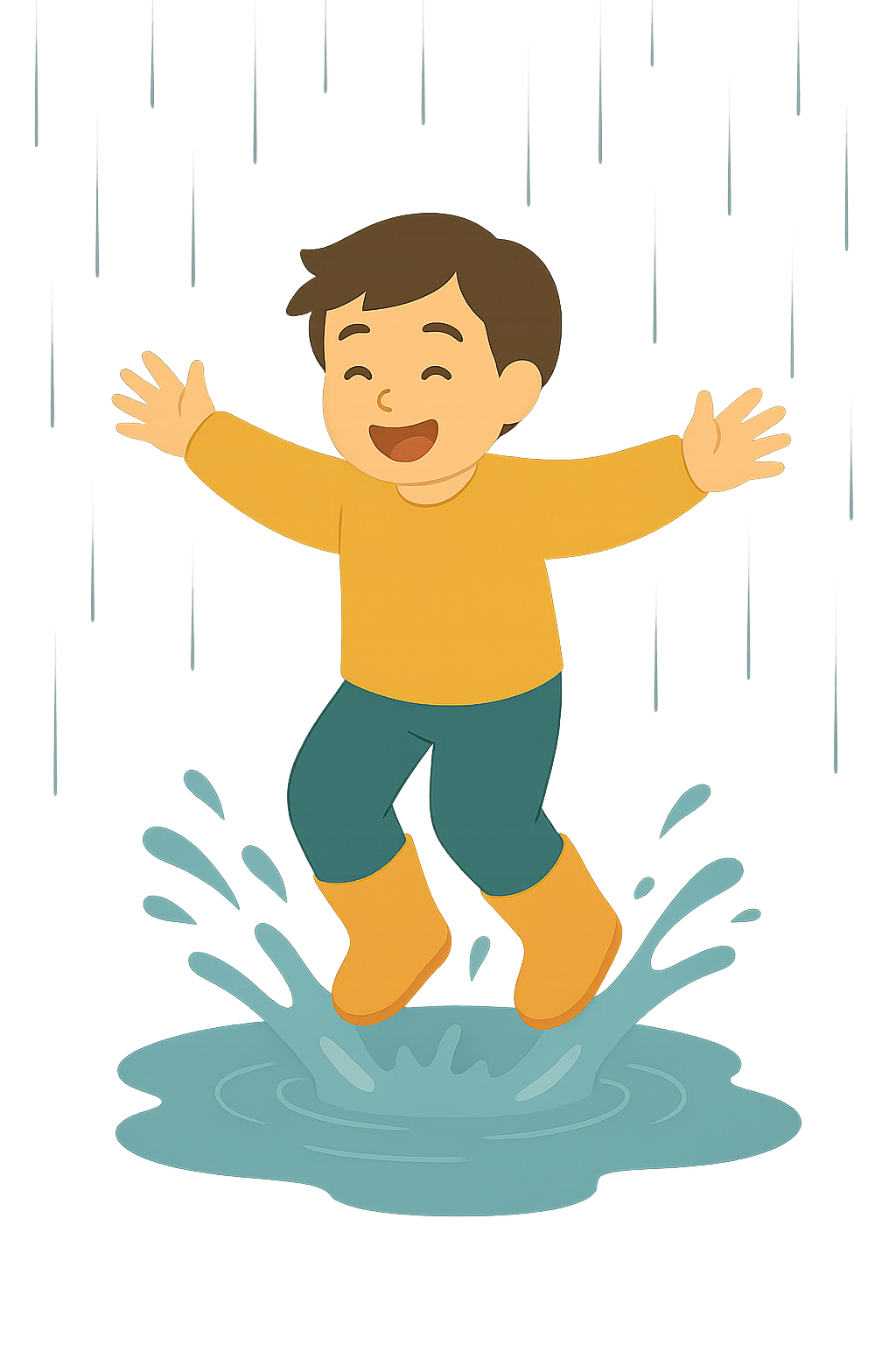 장화를 신고 물웅덩이에 뛰어드는 아이