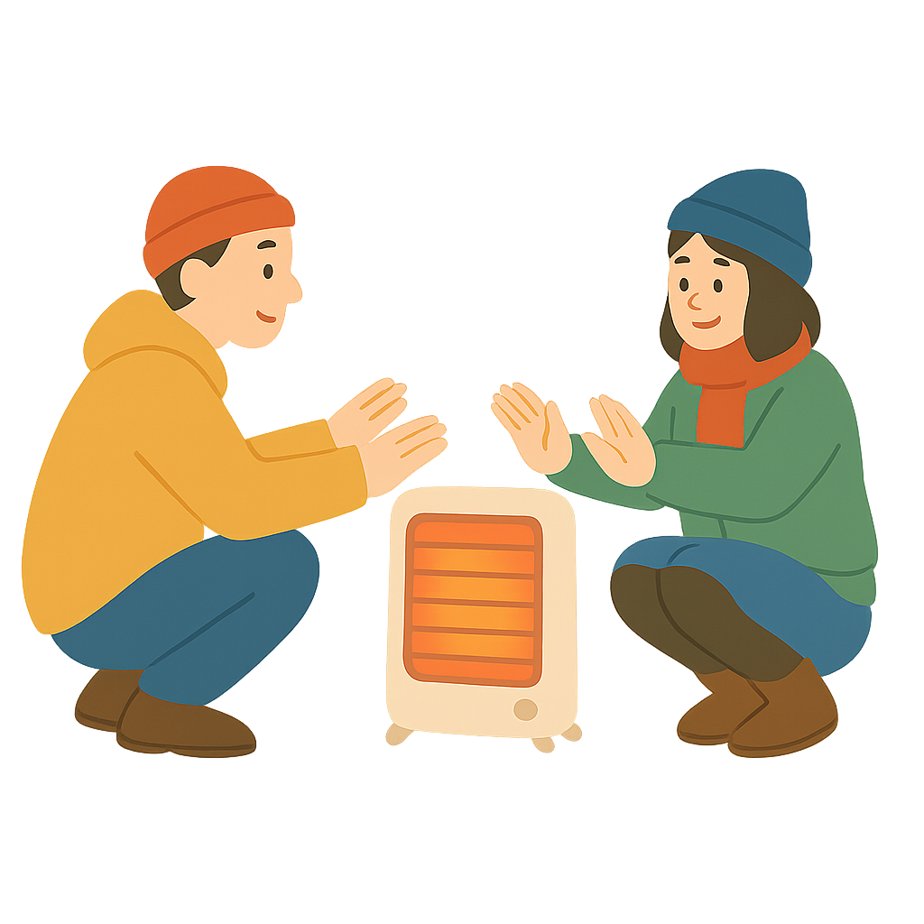 히터에서 손을 녹이는 두사람