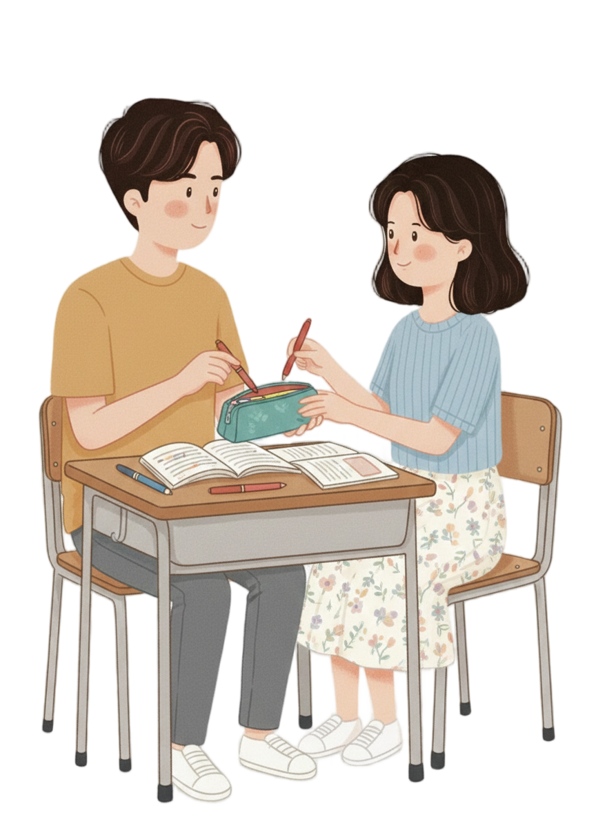 필통에서 펜을 빌려주는 장면