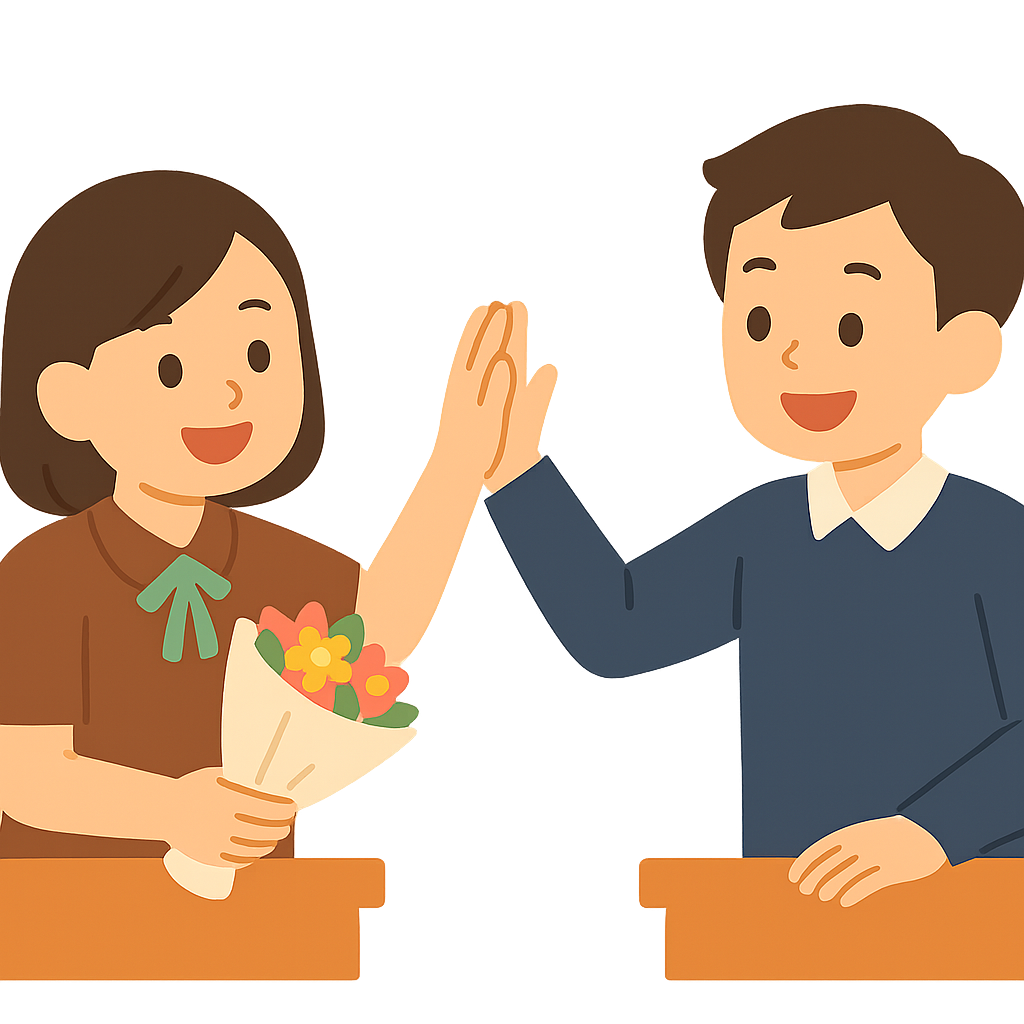 교실에서 친구와 하이파이브하는 모습