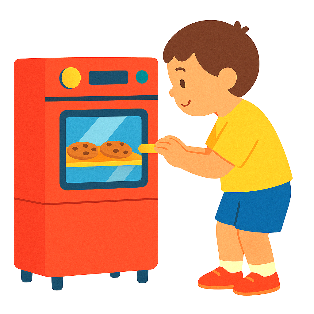 오븐속 쿠키를 바라보는 아이