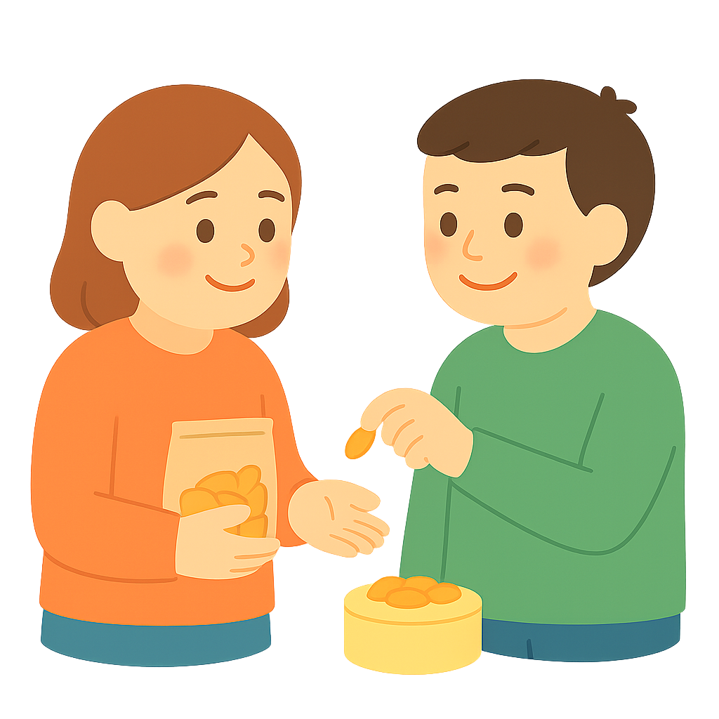 간식을 친구와 나누는 장면