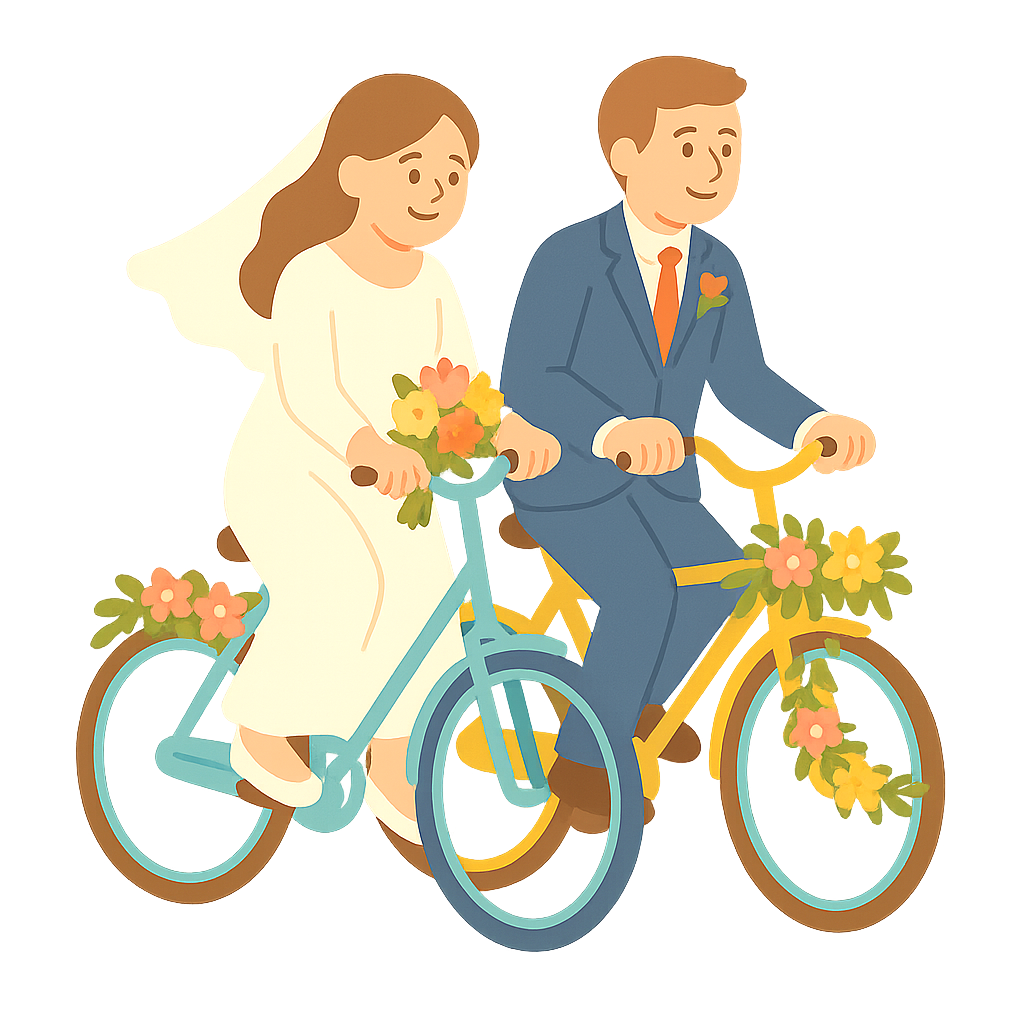 꽃으로 장식된 자전거를 타고있는 장면