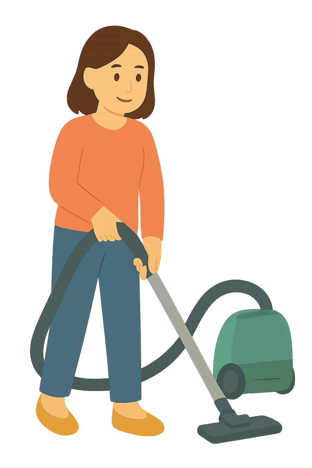 진공청소기를 밀고 있는 장면입니다.