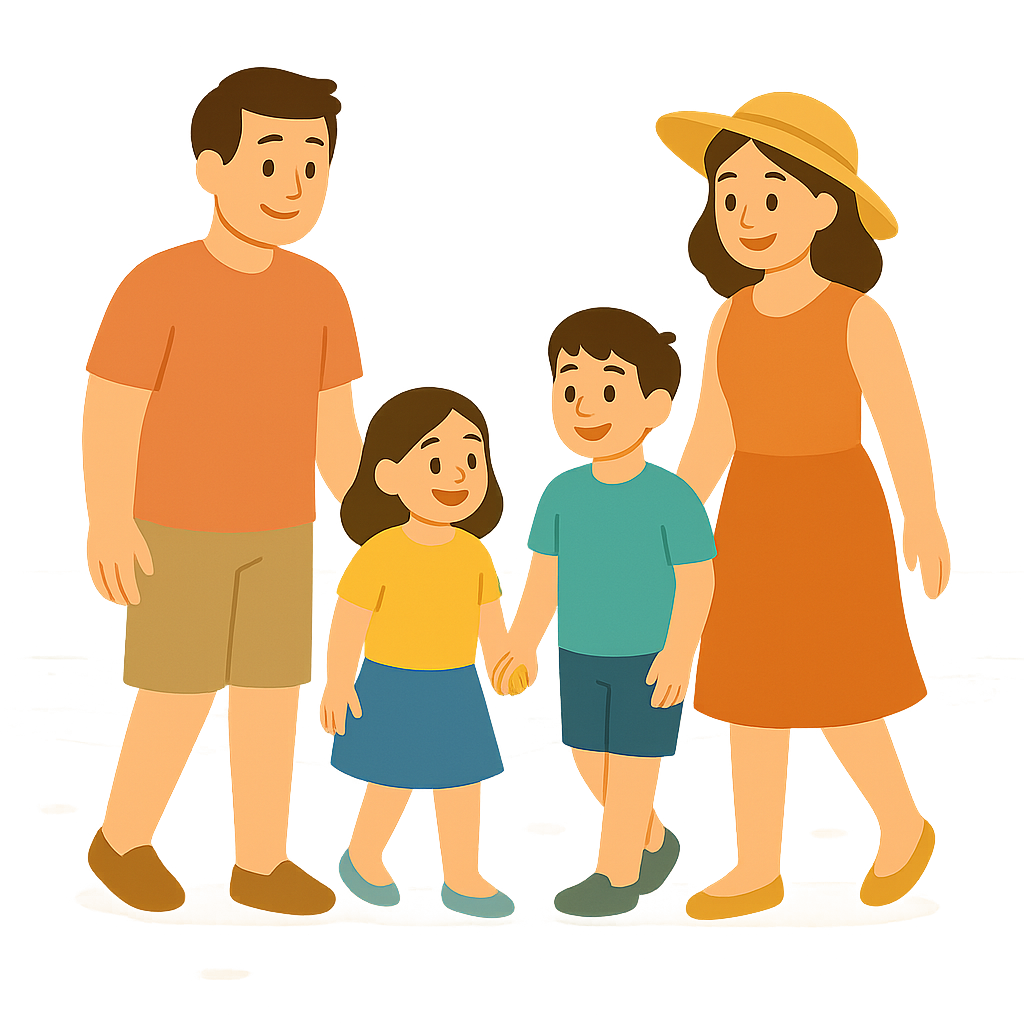 가족이 해변을 걷는모습