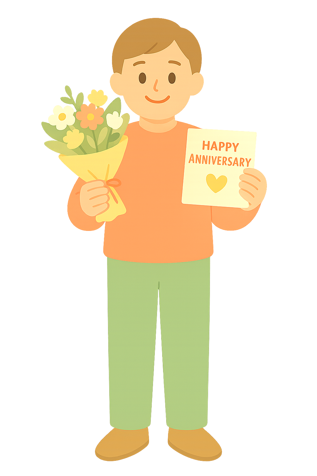 기념일 카드와 꽃다발을 함께0든 사람