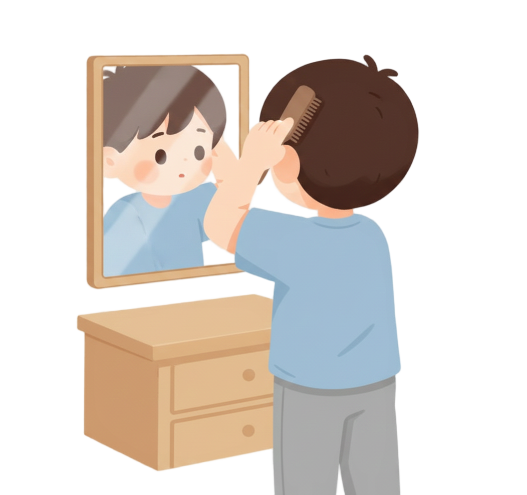 거울앞에서 헤어를 정돈하는모습