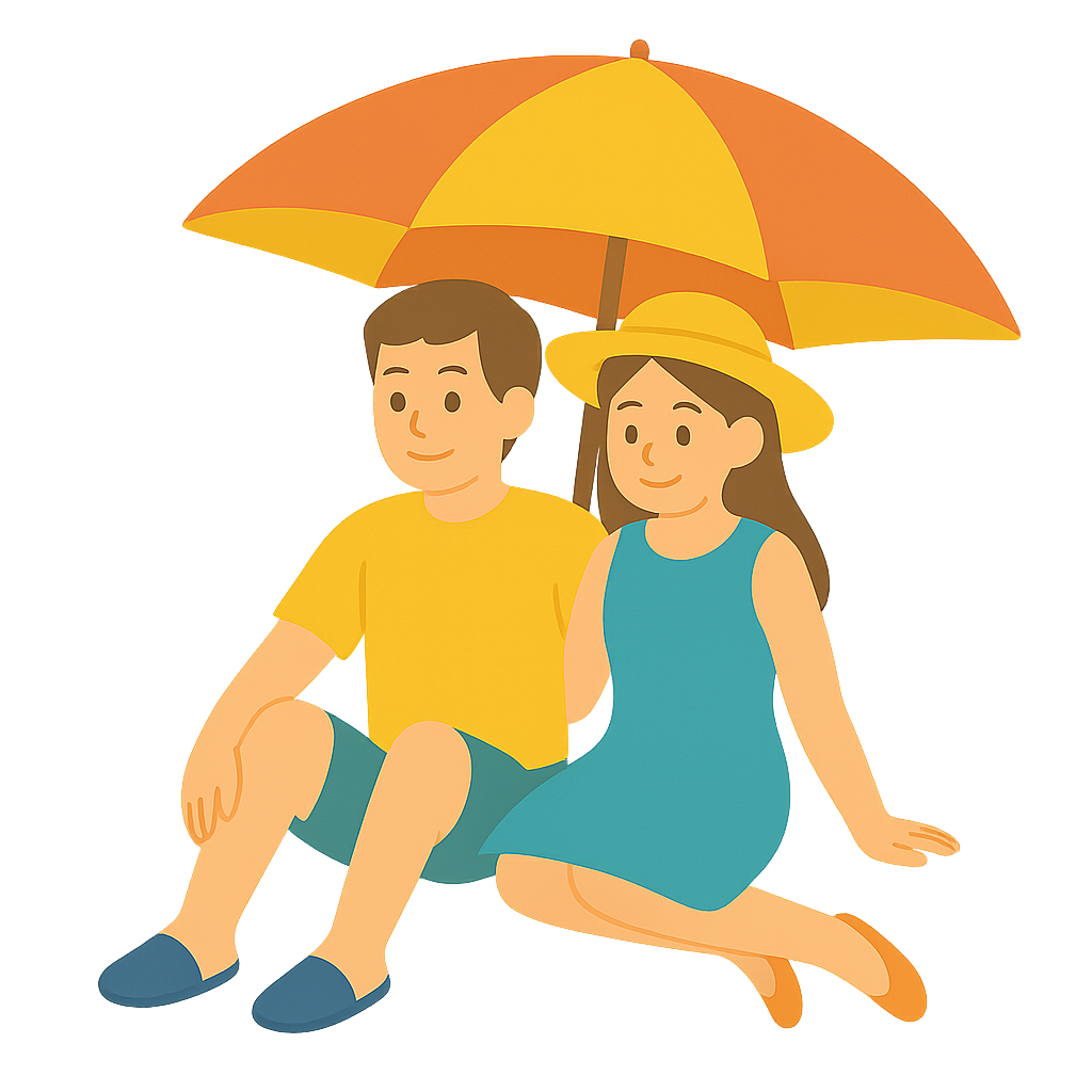 해변 파라솔 아래있는 커플