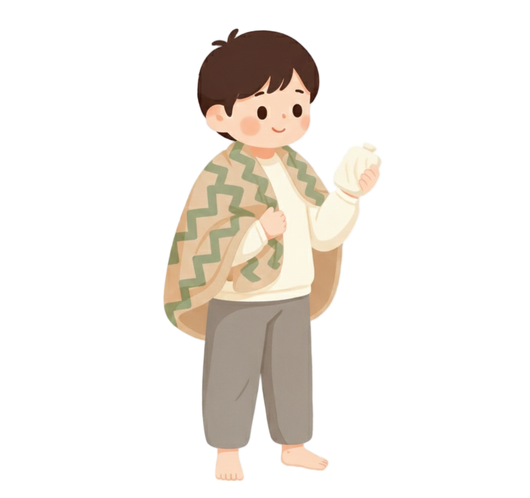 담요를 어꺠에 두르고 있는 모습