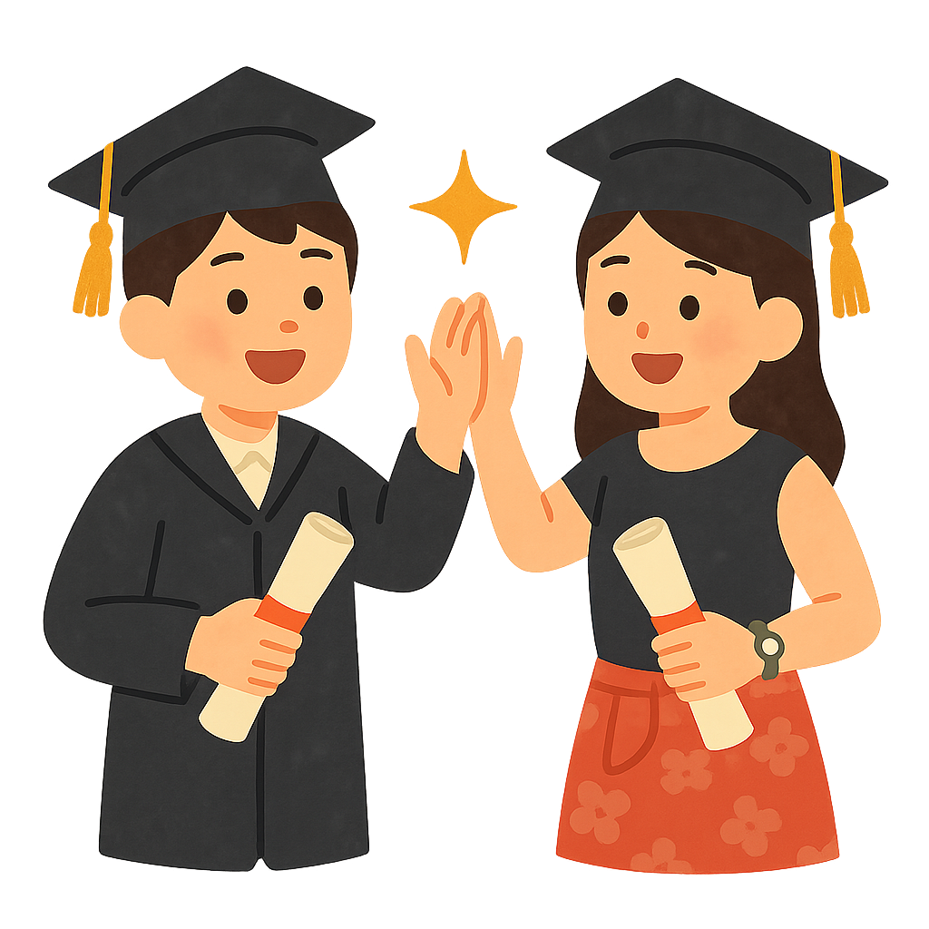 초등학생이 학사모쓰고 졸업장들고 친구와 손뼉치기