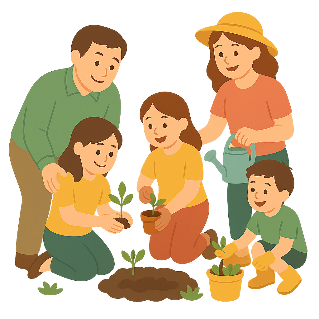 가족이 함꼐 정원 가꾸기하는 모습