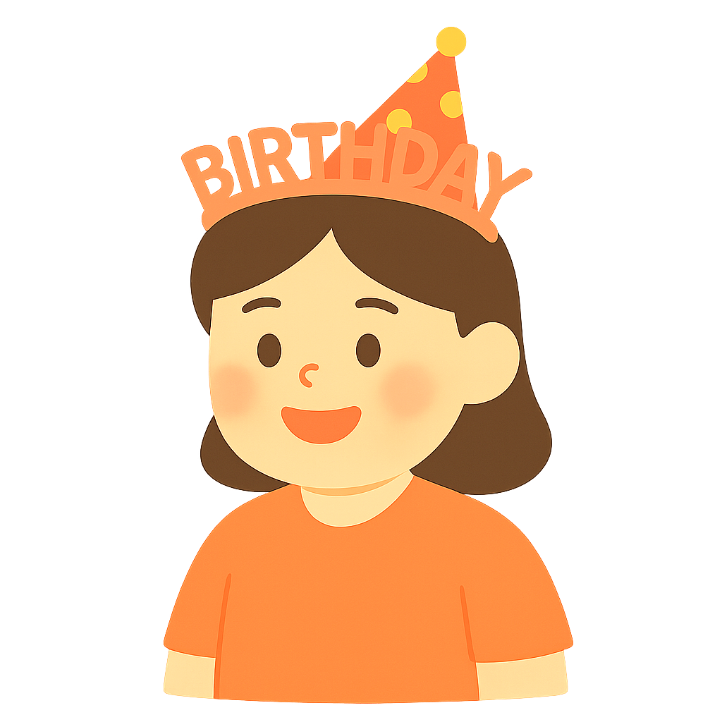 머리띠와 축하 모자를 쓴 주인공